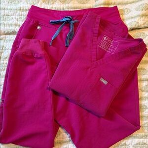 Figs Women's Magenta Joggers with Sky Blue Tie and matching Magenta scrub top